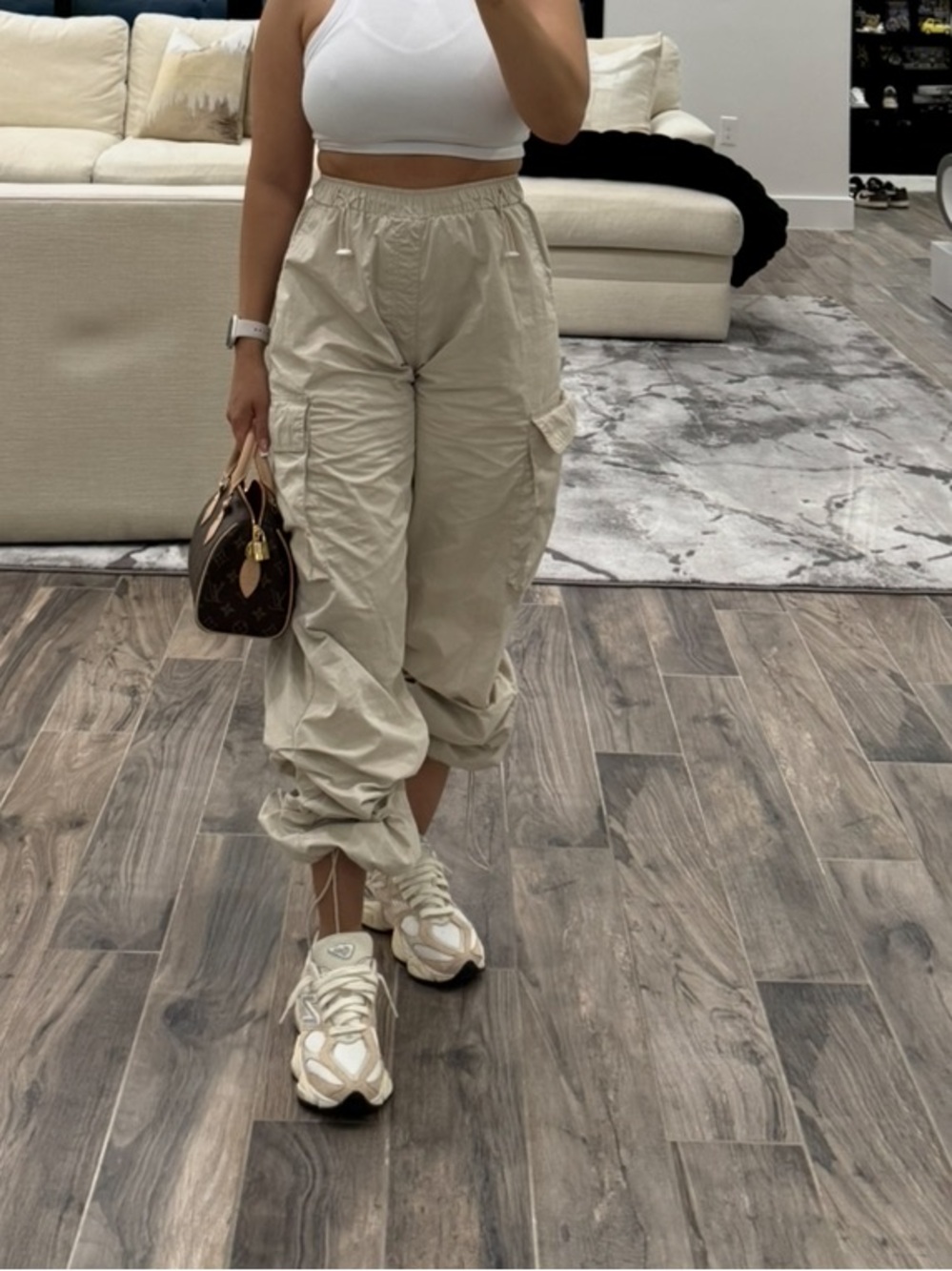 Wide Leg Cargo Pants in Beige - Drawstring Waist